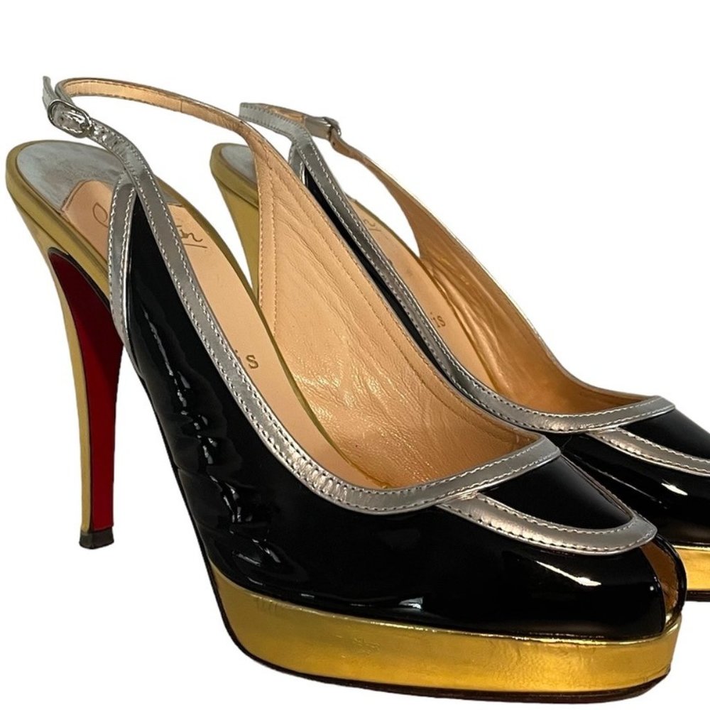 LOUBOUTAIN Venice Stiletto Open Toe Black Patent Leather 38.5